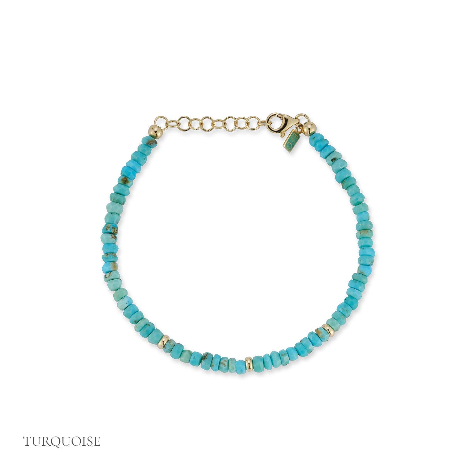 Birthstone Bead Bracelet In Turquoise with 14k yellow gold chain