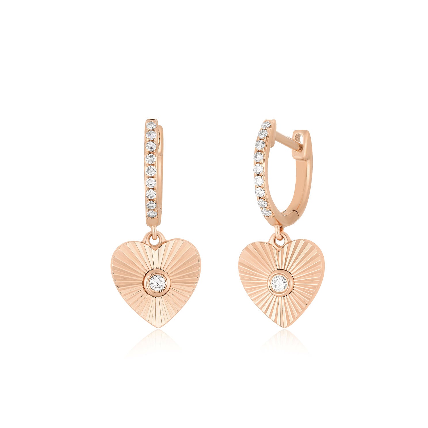 Gold & Diamond Fluted Heart Drop Huggie Earrings