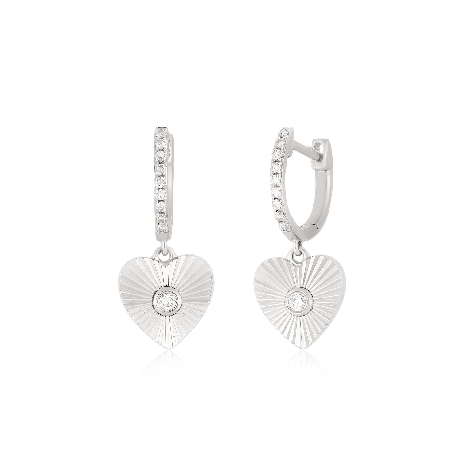 Gold & Diamond Fluted Heart Drop Huggie Earrings
