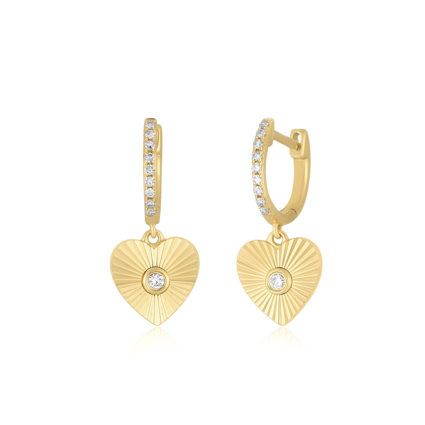 Gold & Diamond Fluted Heart Drop Huggie Earrings
