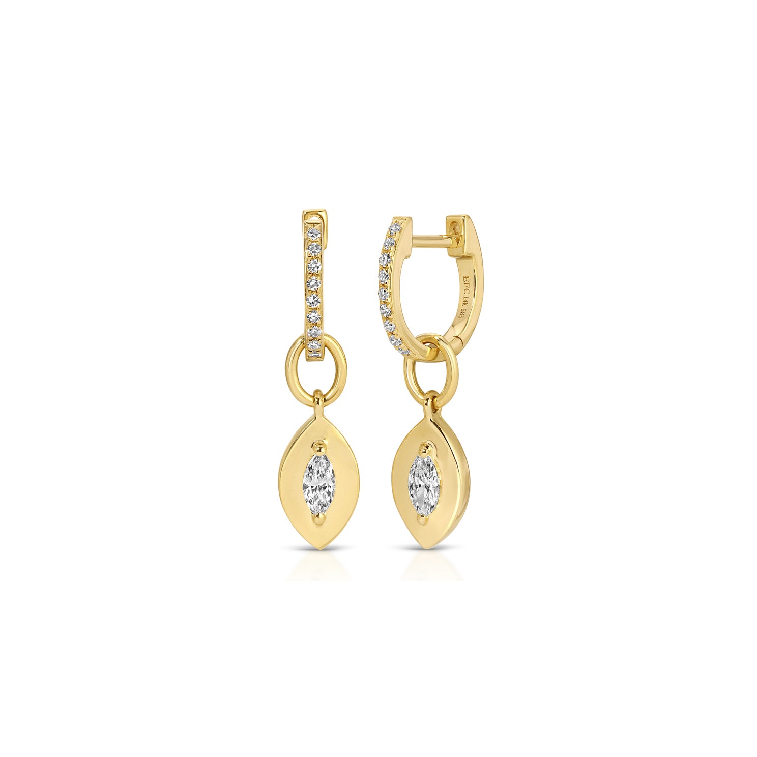 Gold Frame Marquise Diamond Huggie Charm on Diamond Mini Huggie Earring
