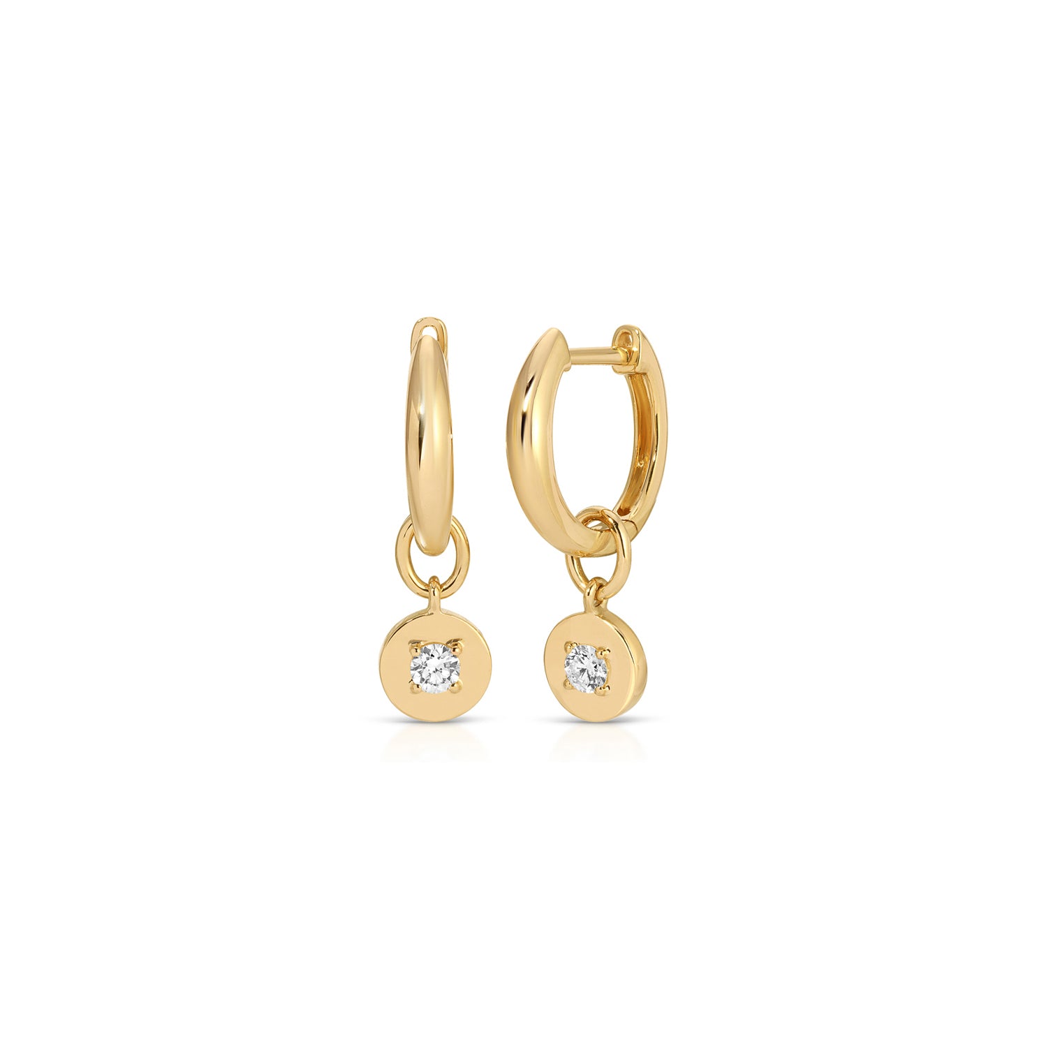 Gold Frame Round Diamond Huggie Charm on Gold Dome Huggie Earring