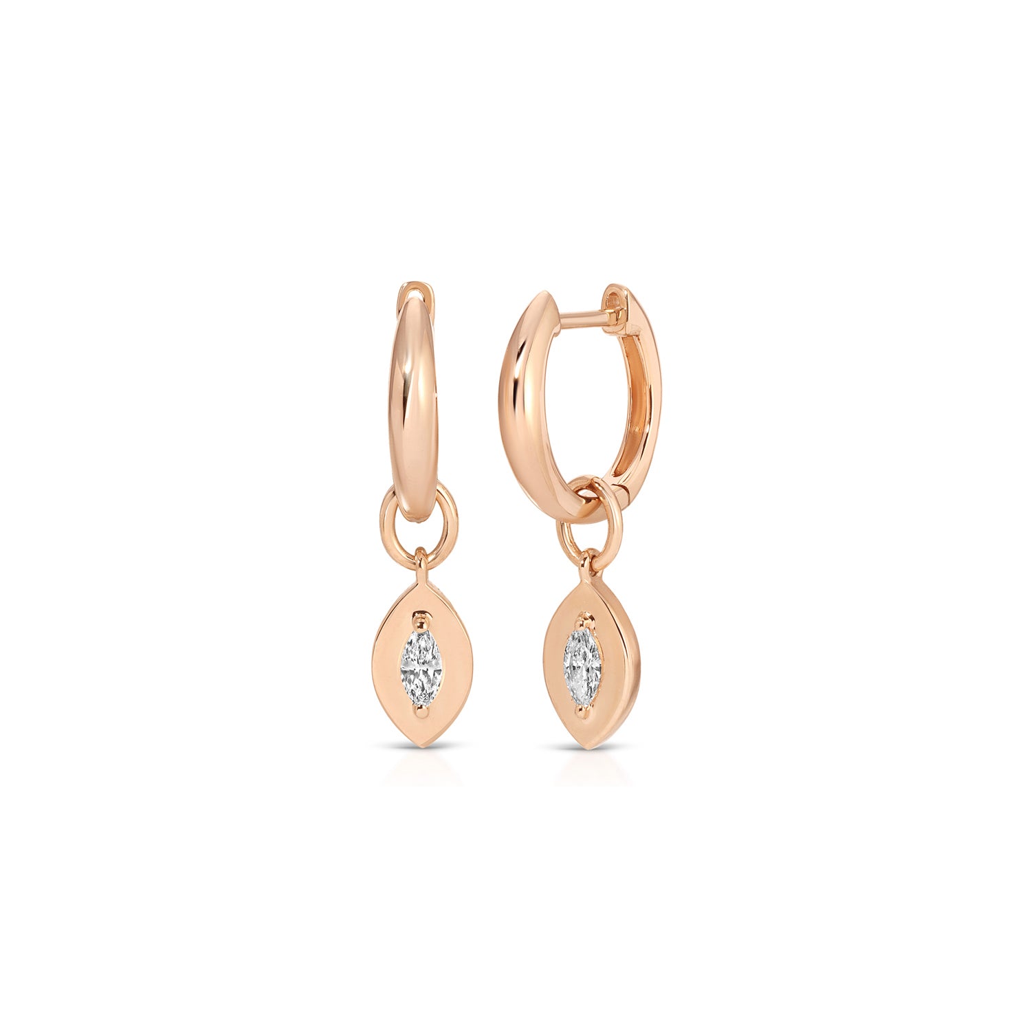 Gold Frame Marquise Diamond Huggie Charm on Gold Dome Huggie Earring