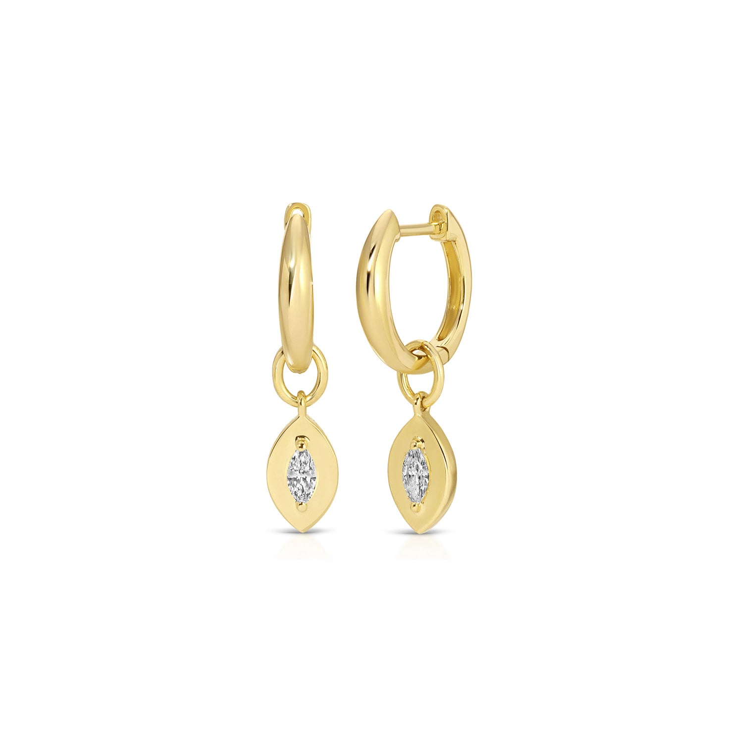 Gold Frame Marquise Diamond Huggie Charm on Gold Dome Huggie Earring