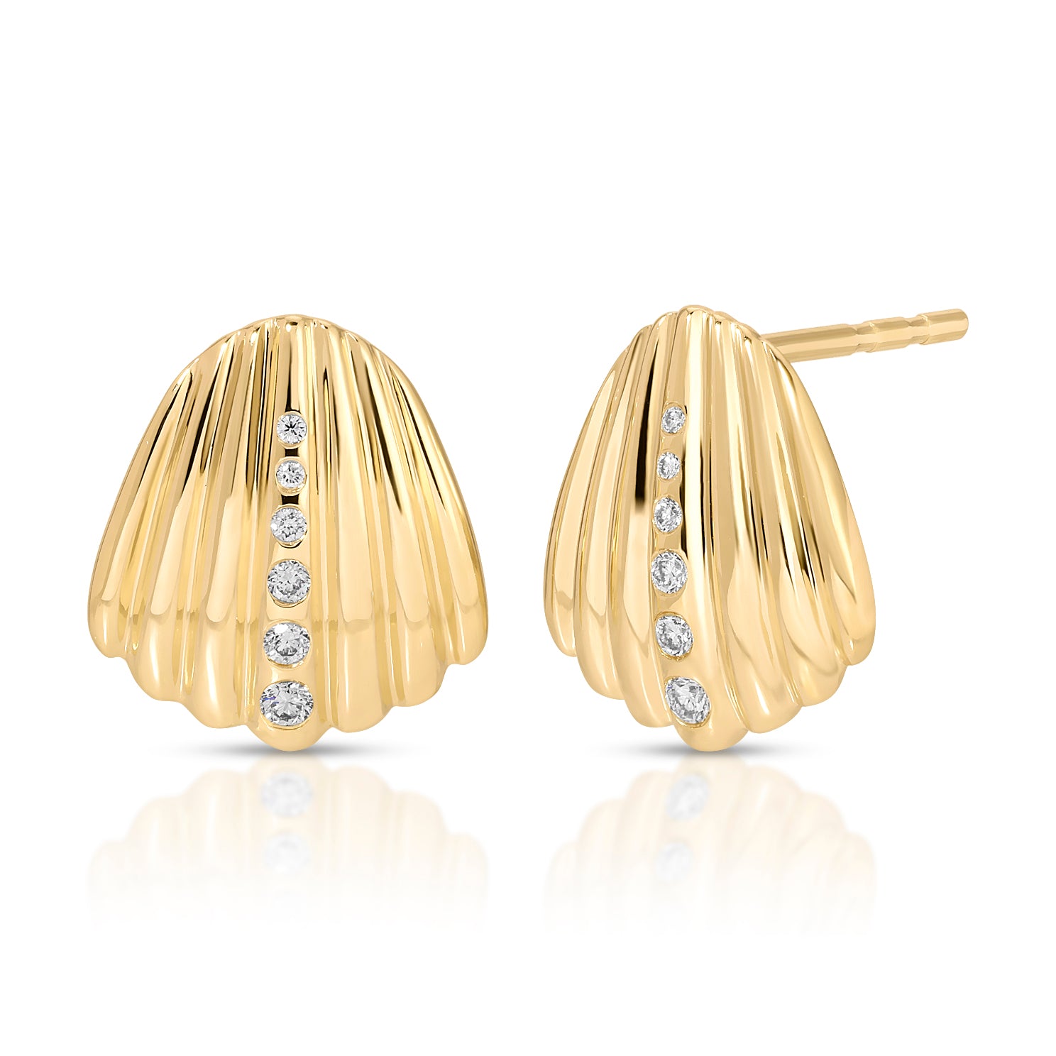 Gold and Diamond Shell Stud Earrings