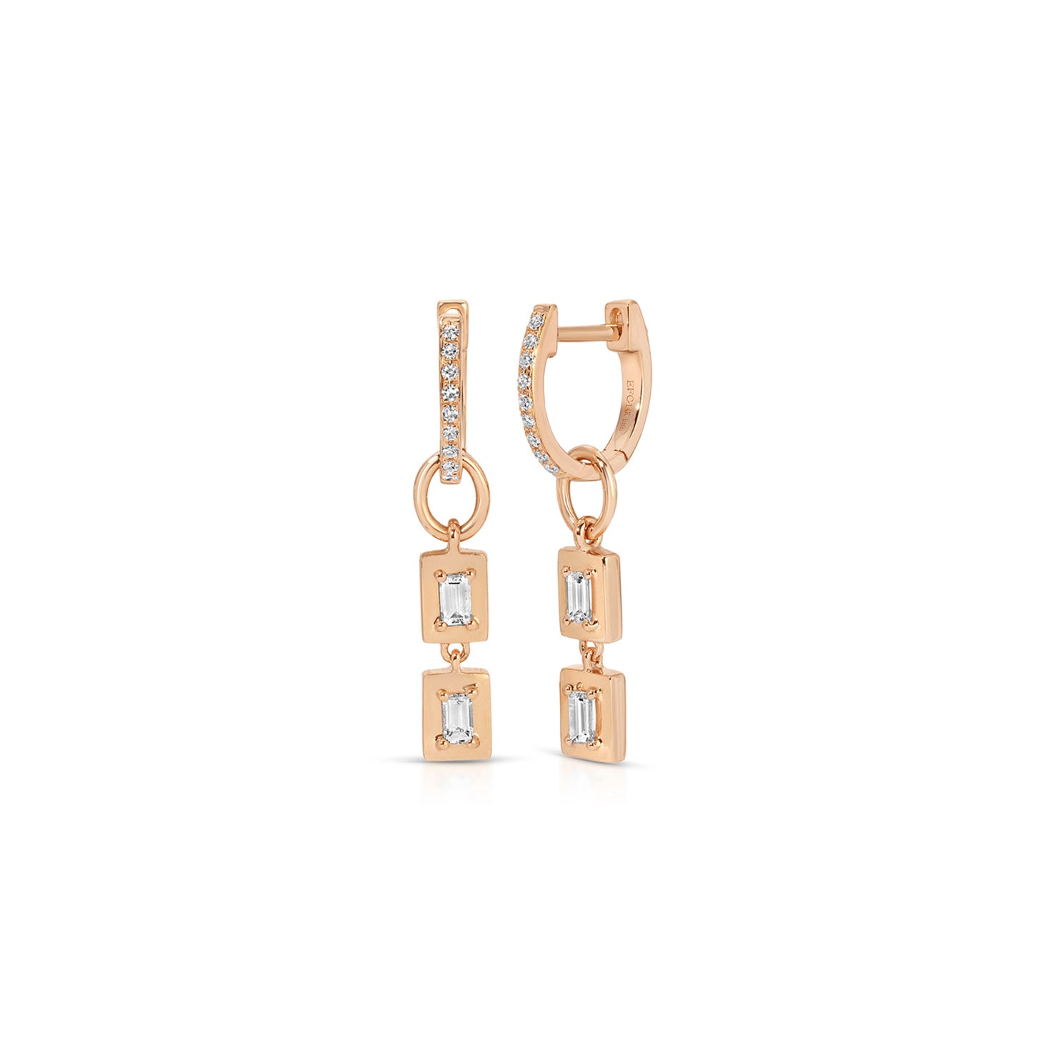 Gold Frame Double Baguette Diamond Huggie Charm on Diamond Mini Huggie Earring