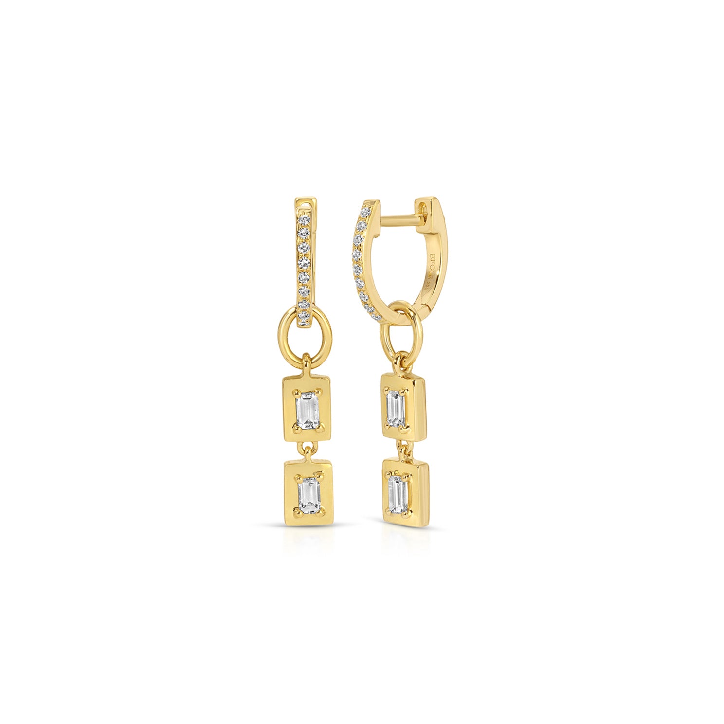 Gold Frame Double Baguette Diamond Huggie Charm on Diamond Mini Huggie Earring