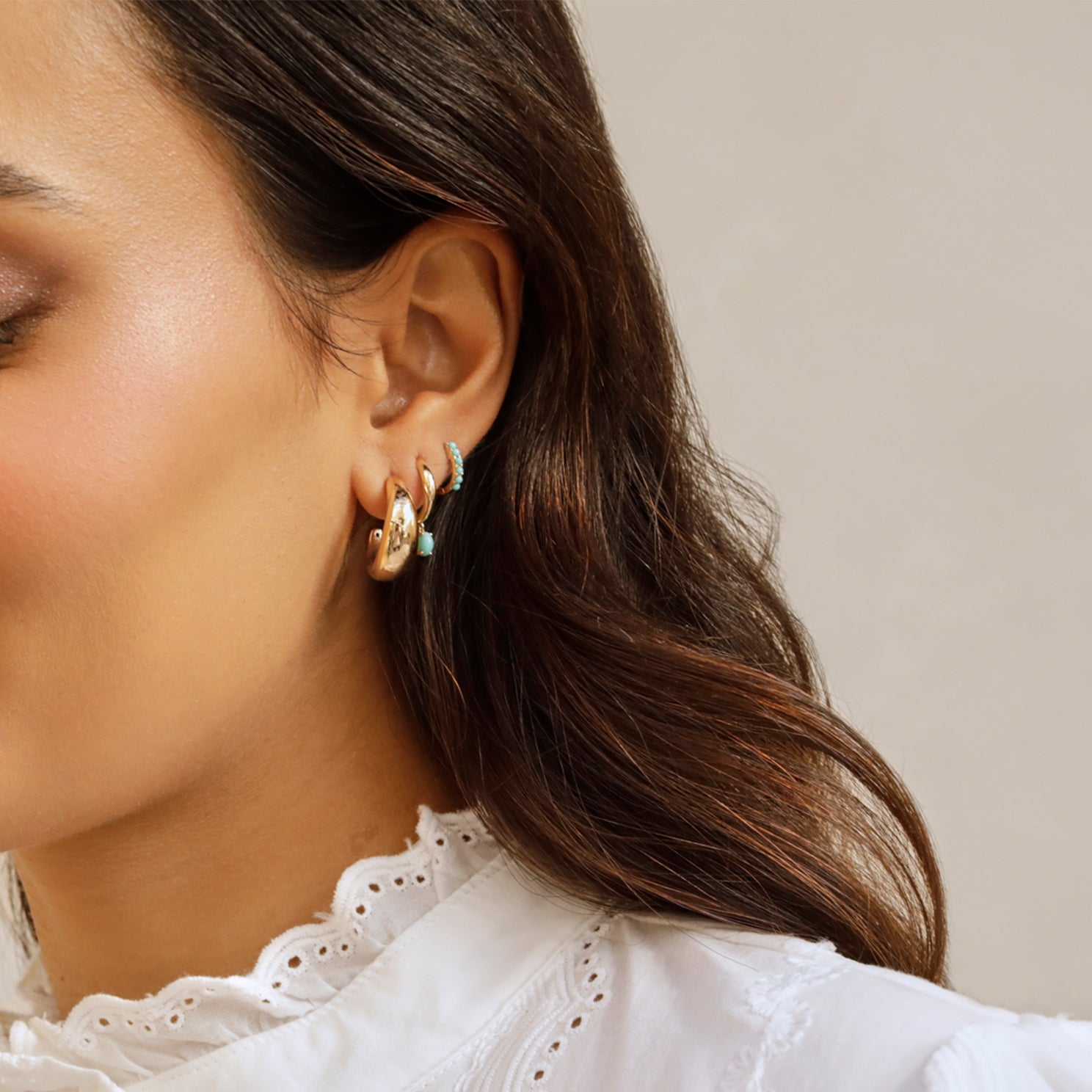 Turquoise Oval Drop Gold Dome Huggie Earring