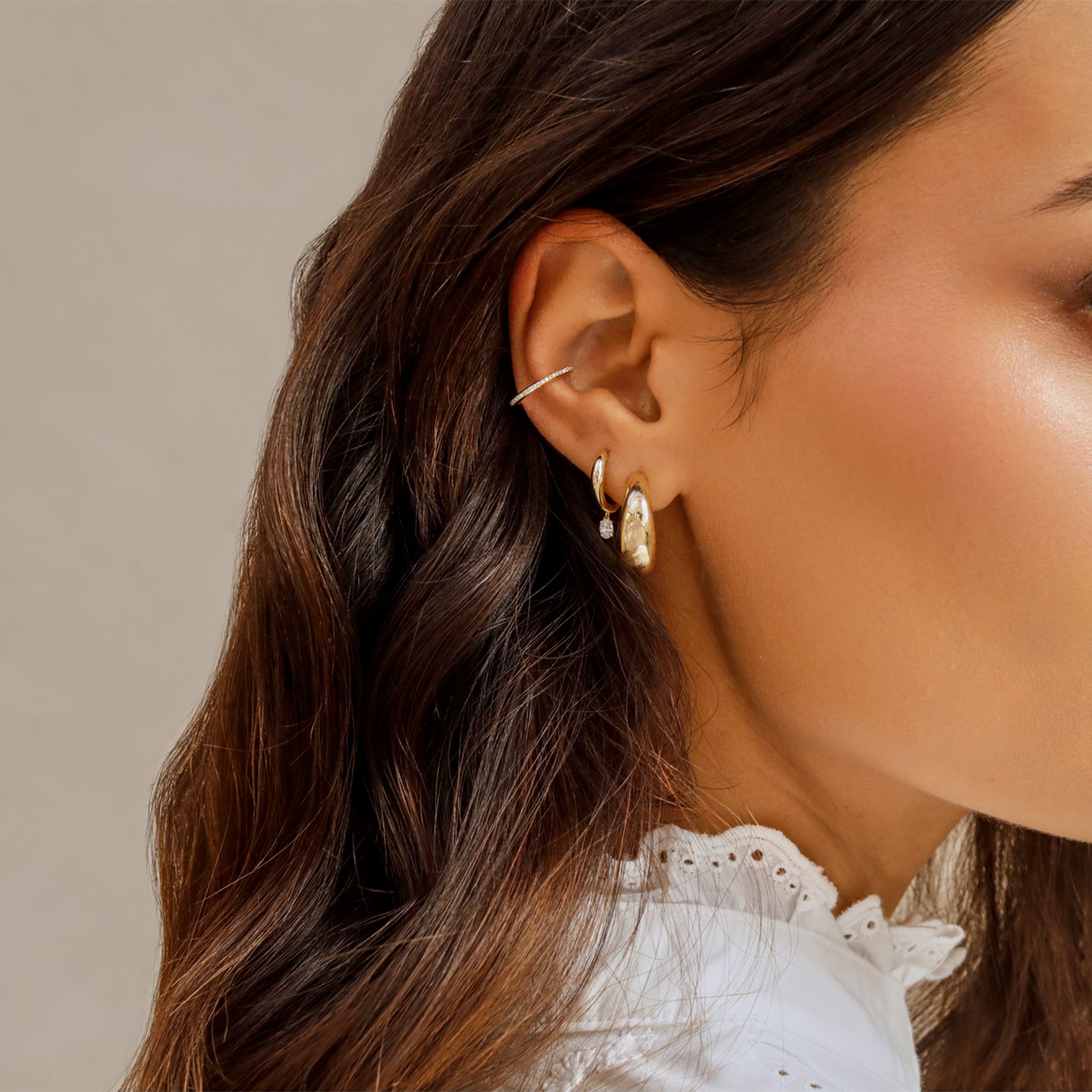 Diamond Oval Drop Gold Dome Huggie Earring