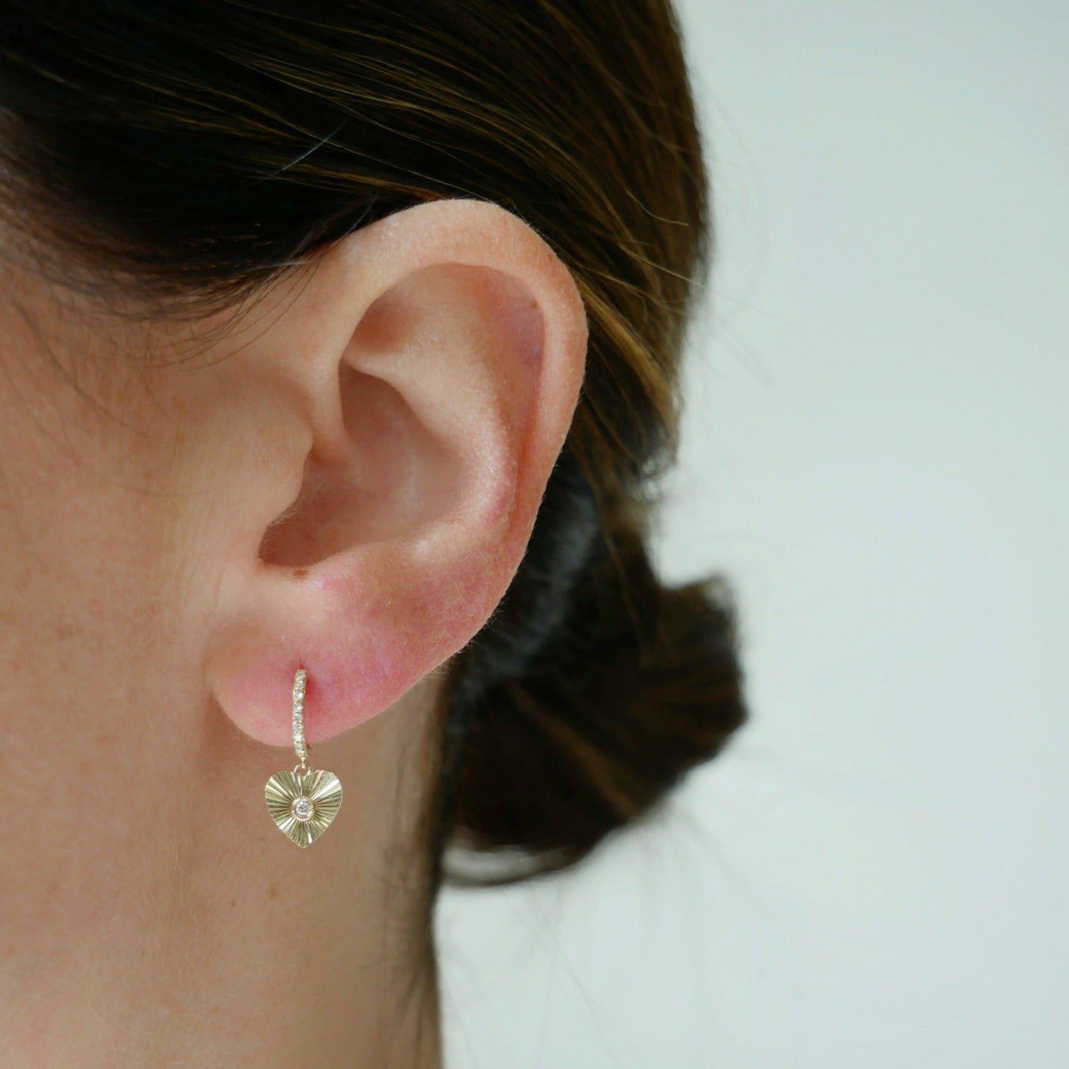 Gold & Diamond Fluted Heart Drop Huggie Earrings