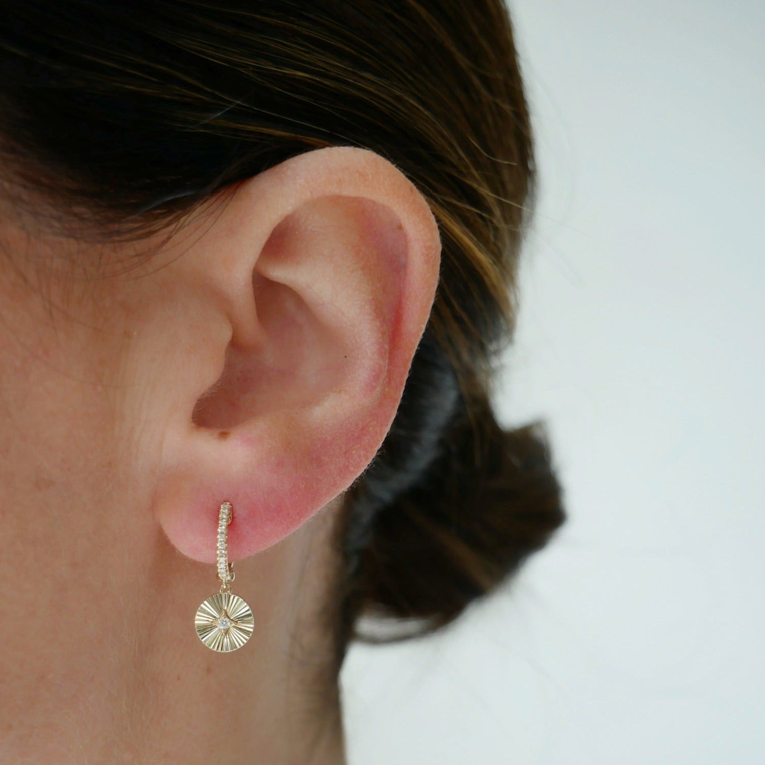 Gold & Diamond Fluted Disc Drop Huggie Earrings