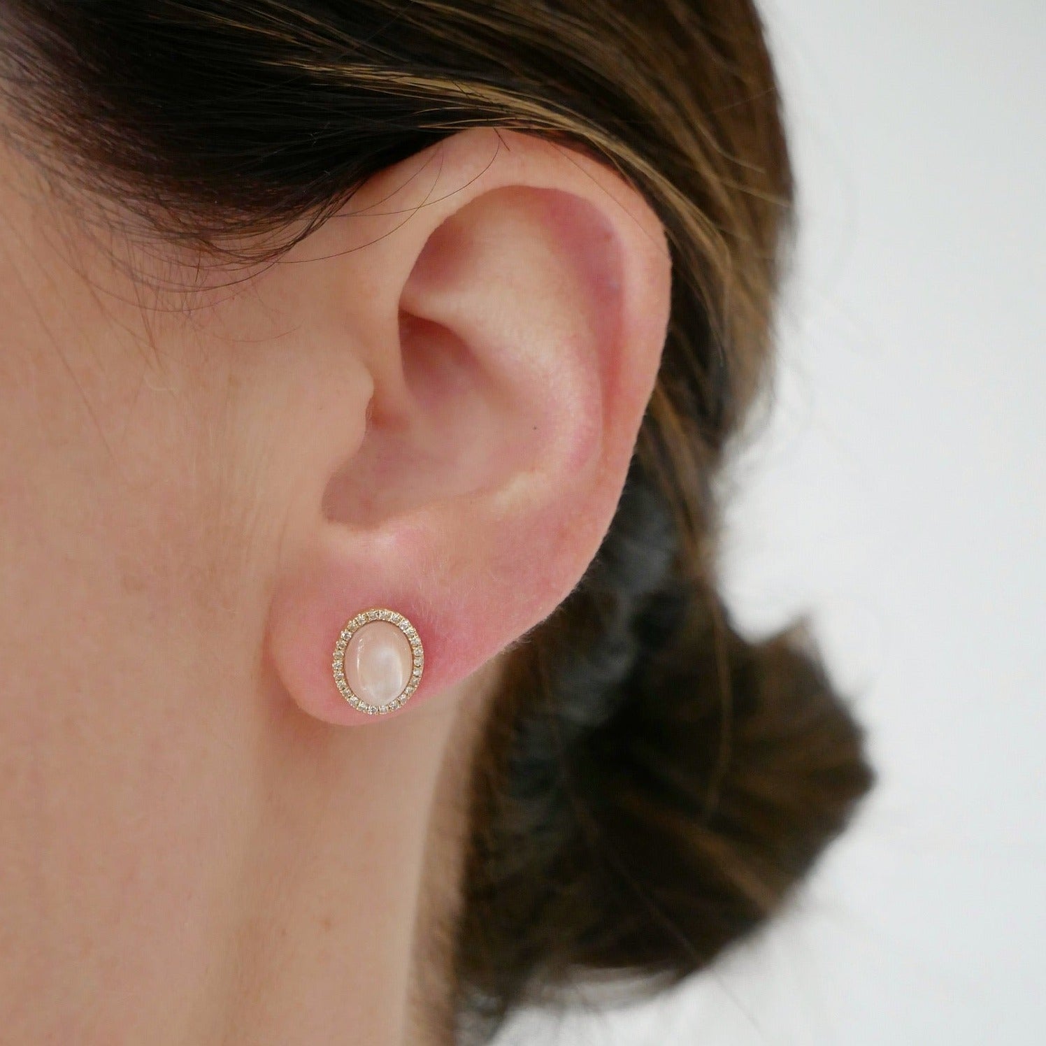 Diamond & Pink Mother Of Pearl Cabochon Stud Earrings