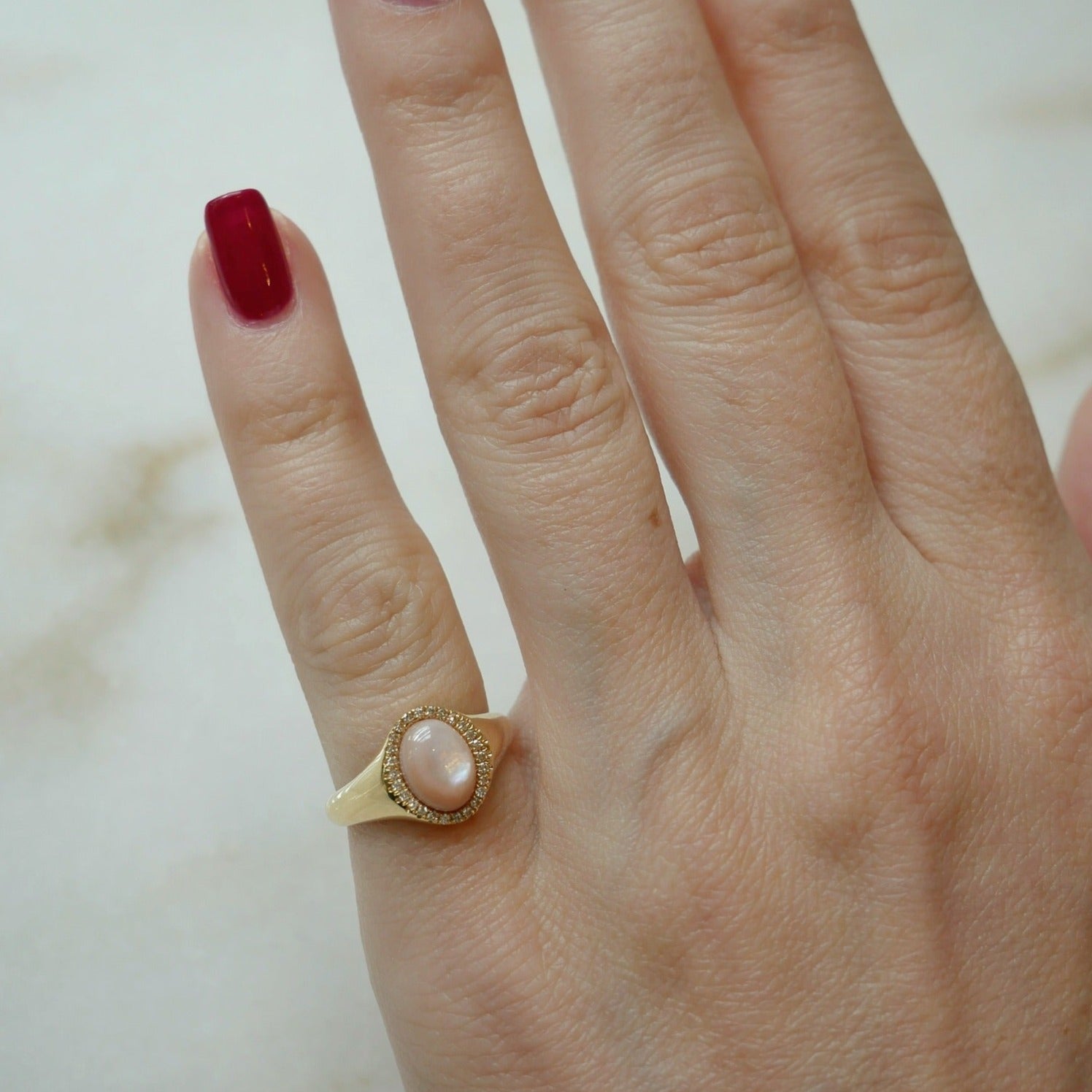 Diamond & Pink Mother Of Pearl Cabochon Signet Ring