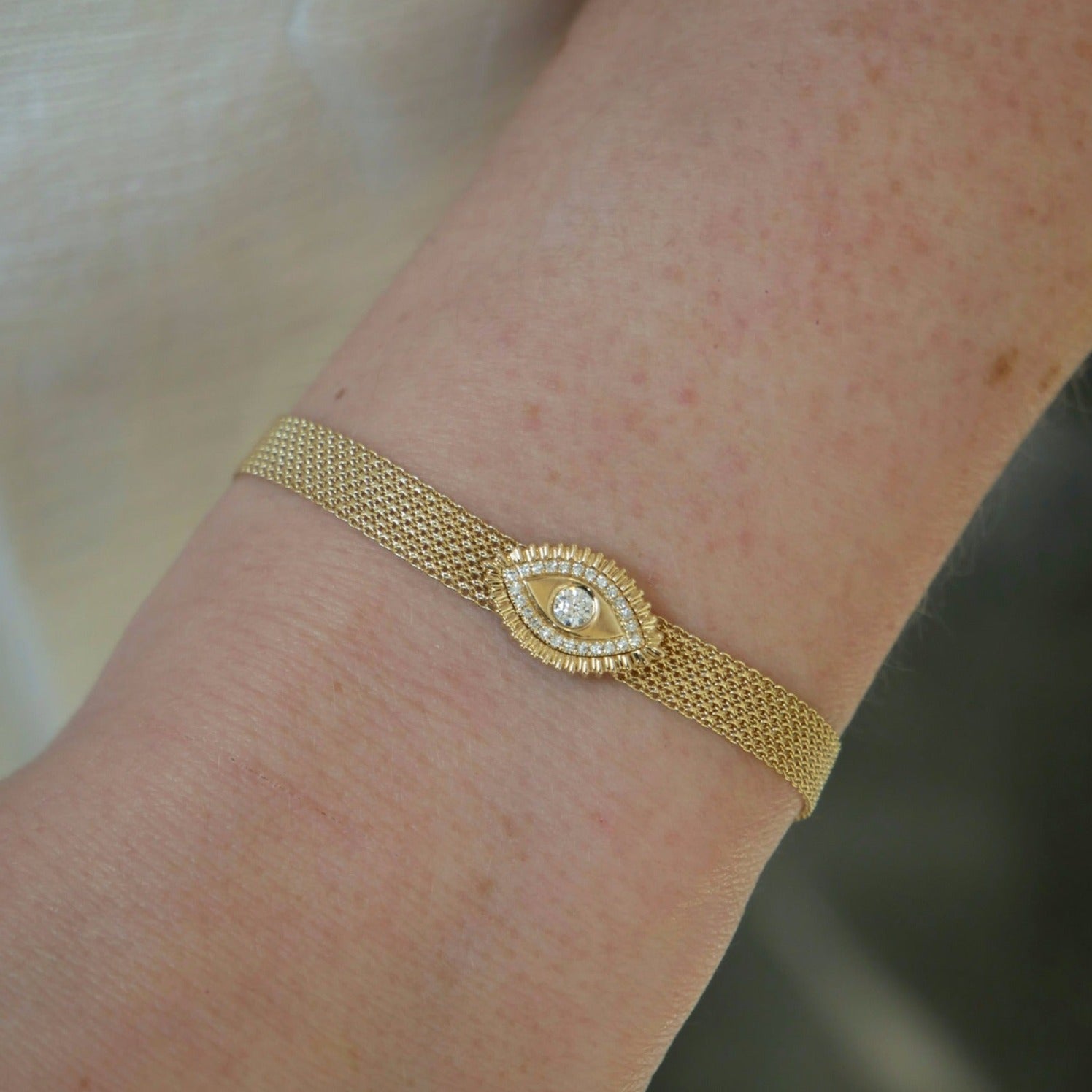 Gold & Diamond Evil Eye Protection Mesh Bracelet