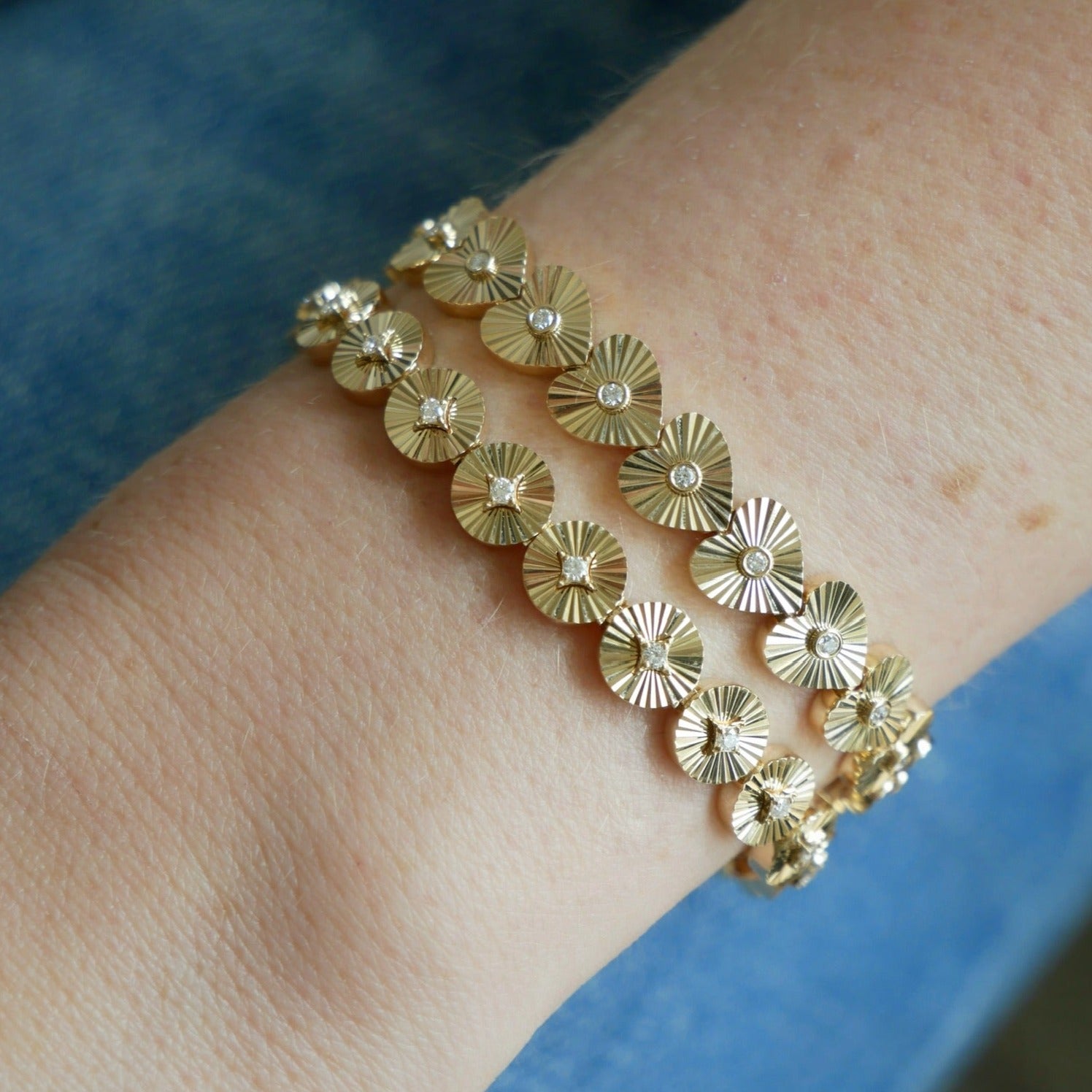 Gold & Diamond Fluted Heart Eternity Bracelet