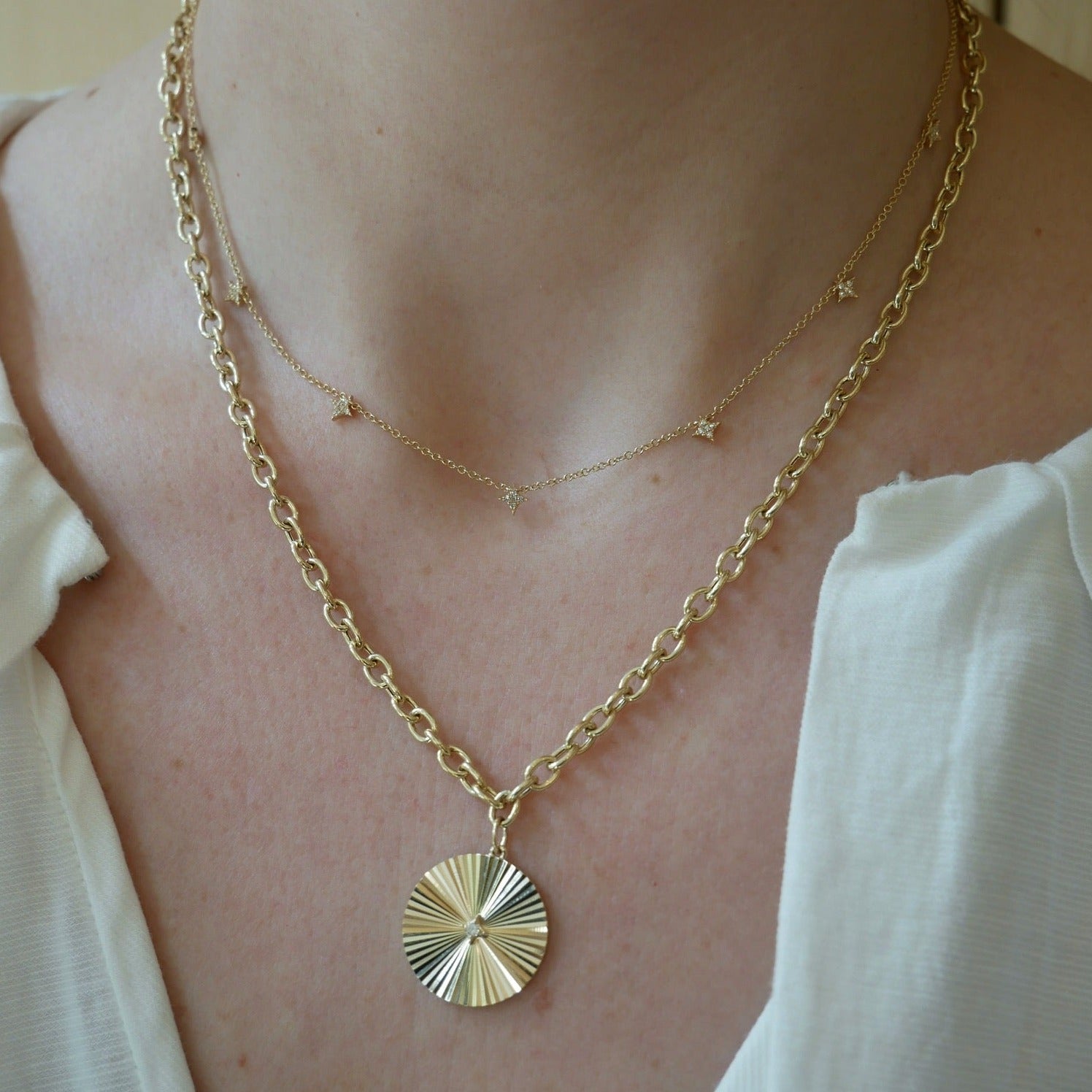 Jumbo Gold & Diamond Fluted Disc Chain Necklace