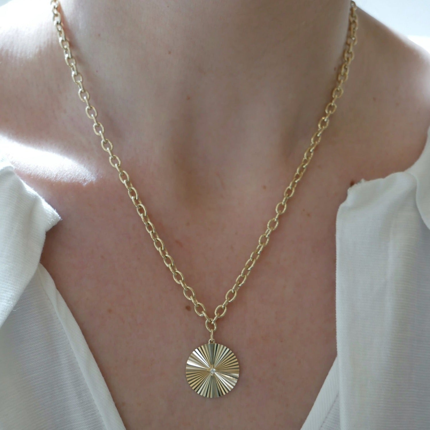Jumbo Gold & Diamond Fluted Disc Chain Necklace