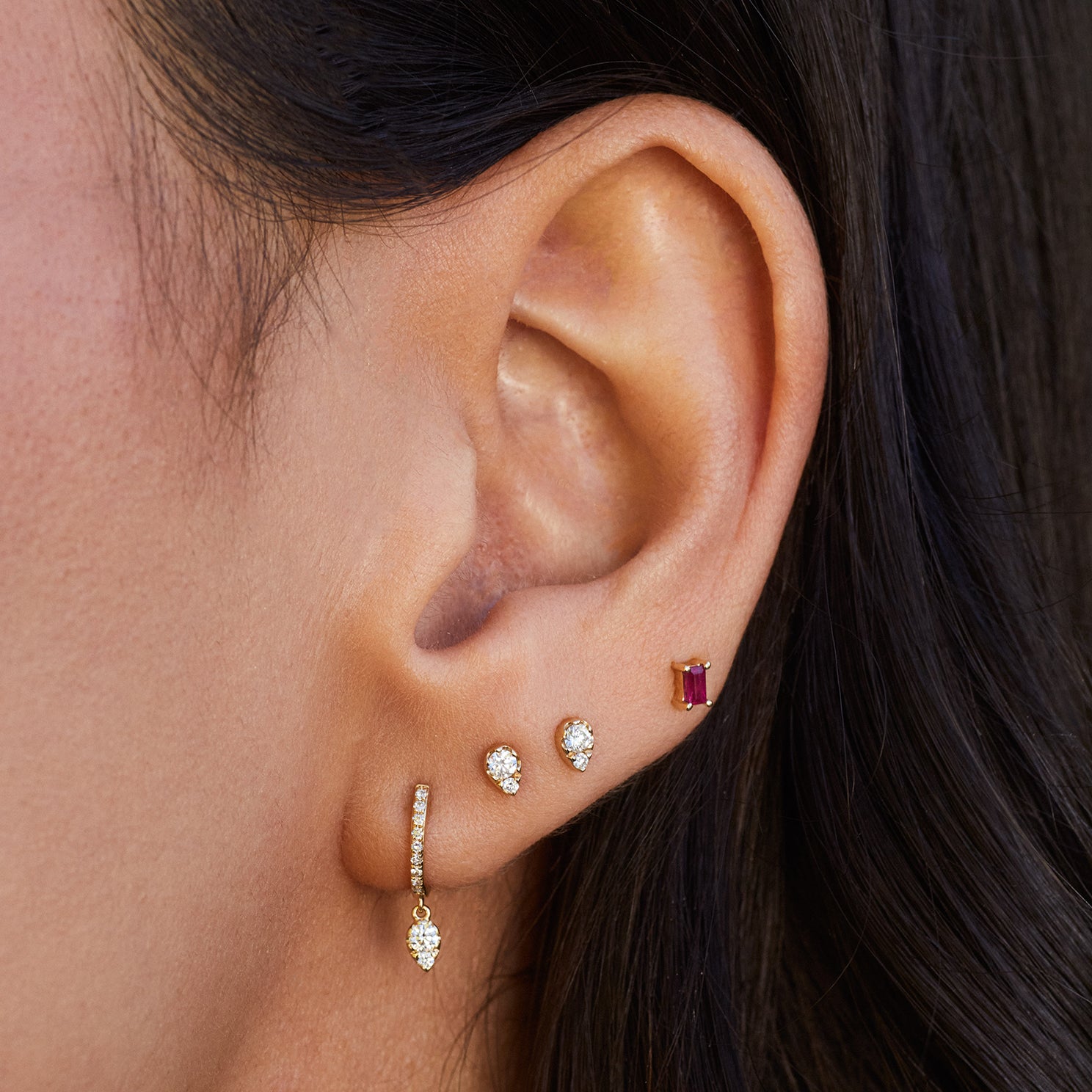 Diamond Mini Huggie With Diamond Teardrop Drop Earring