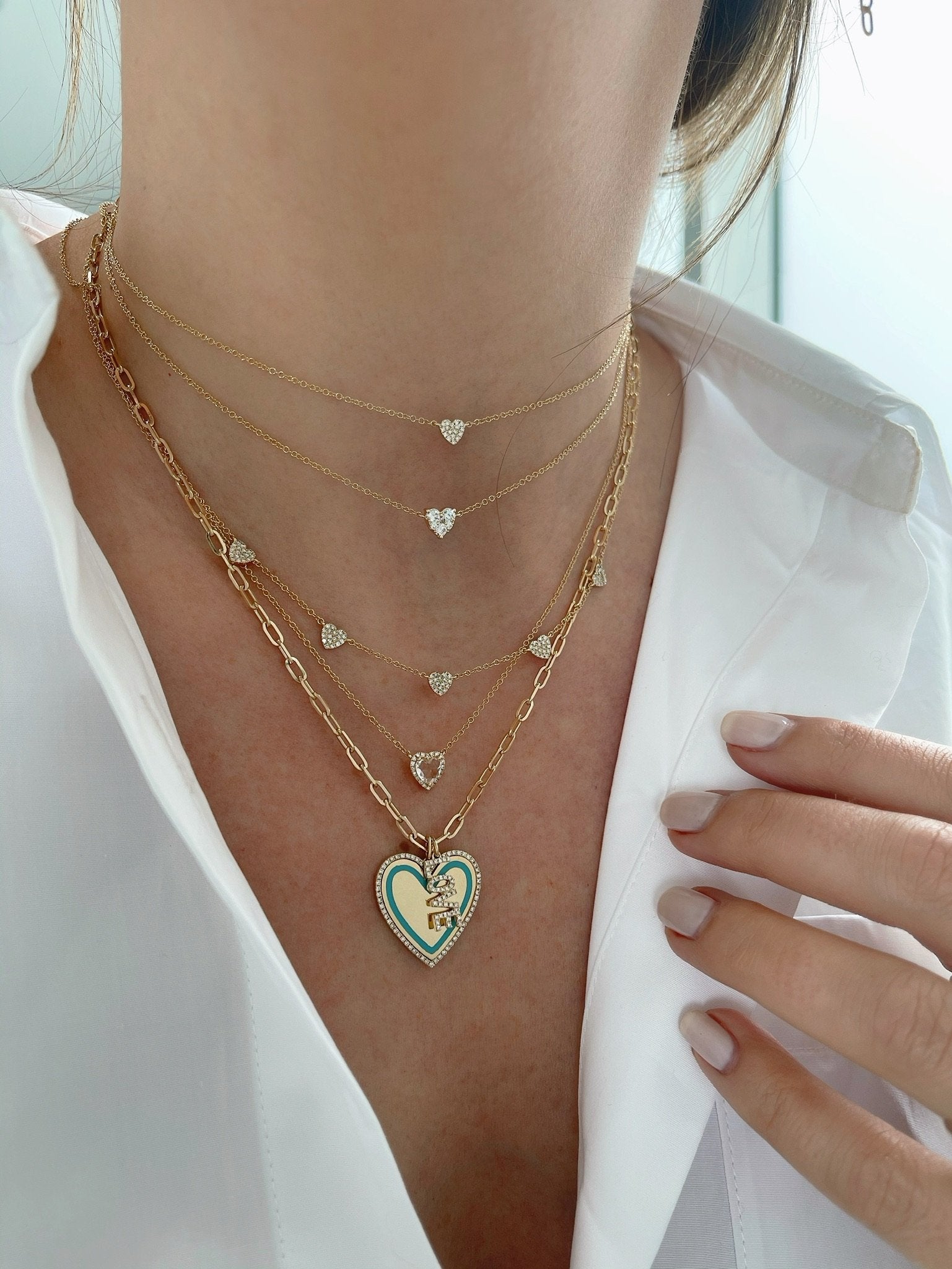 Diamond & Enamel Heart With Mini Link Chain Necklace