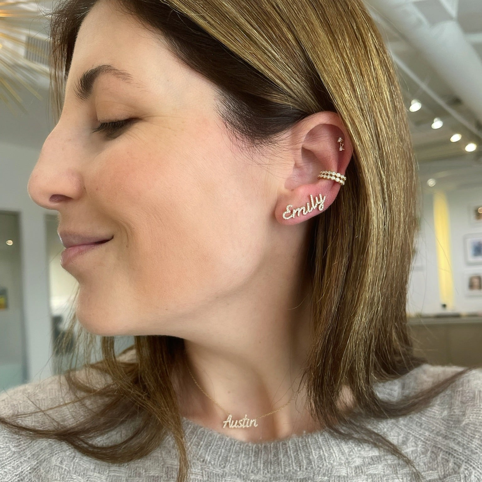 Diamond Script Name Ear Climber