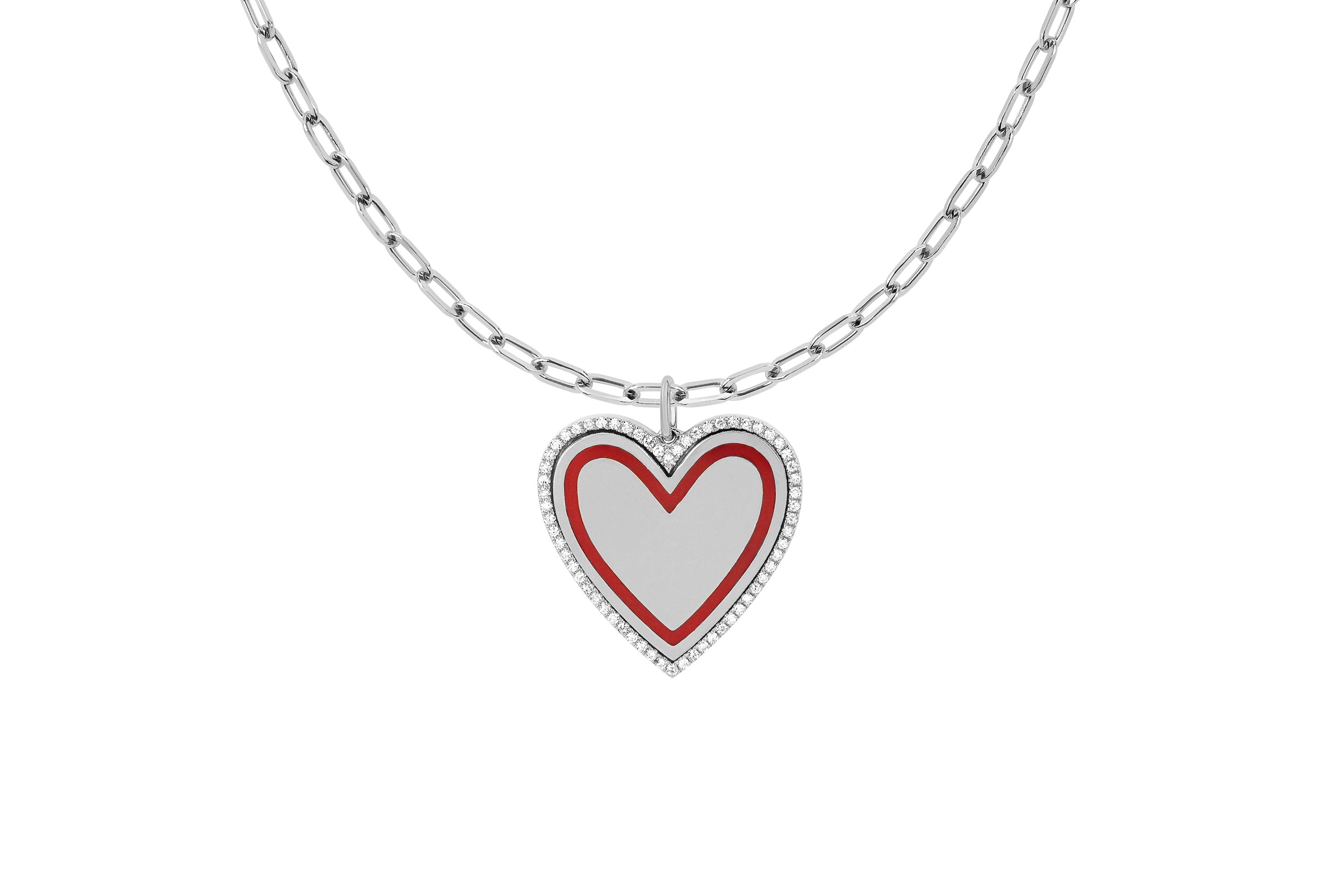 Diamond & Enamel Heart With Mini Link Chain Necklace