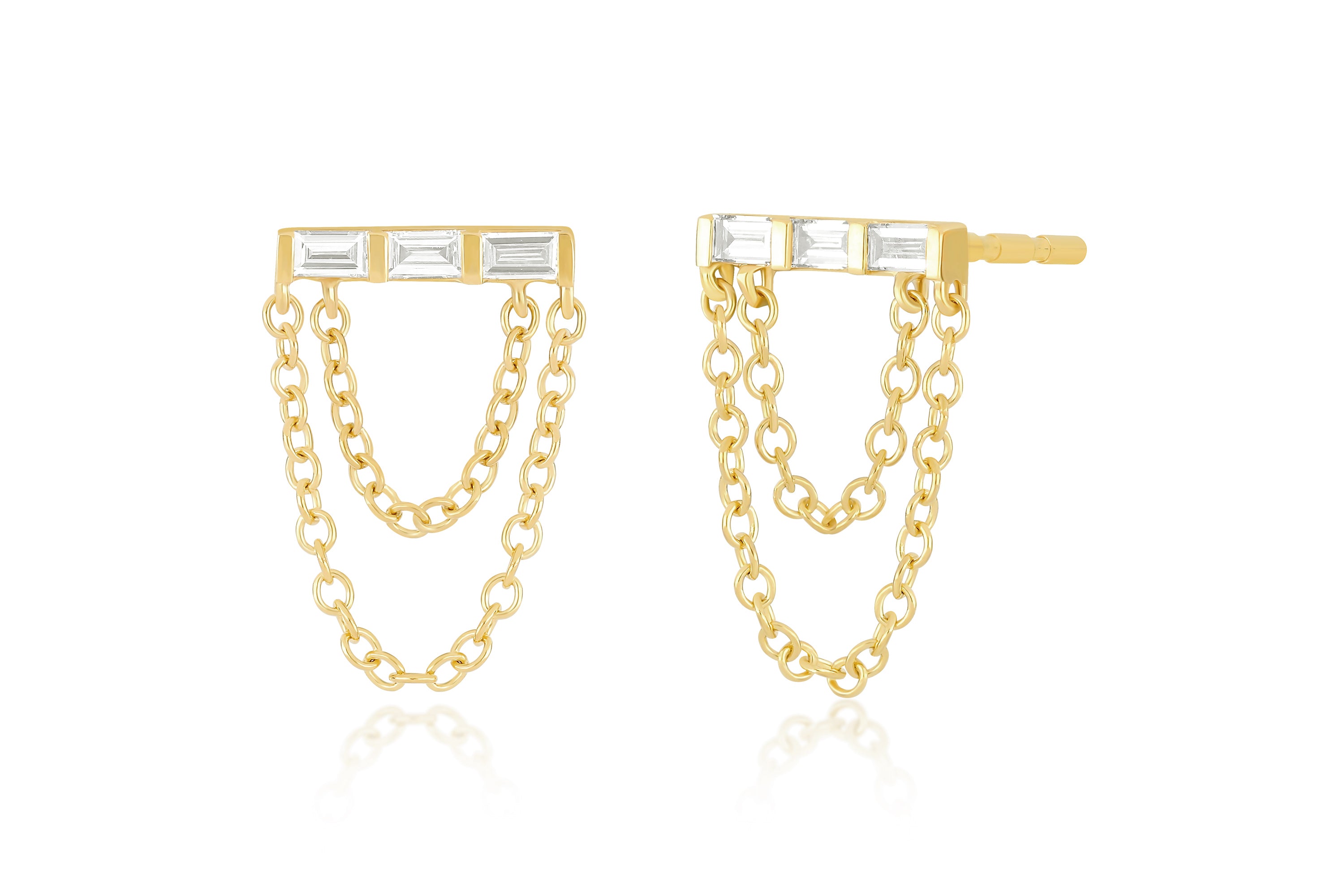 Diamond Baguette Bar Chain Stud Earring