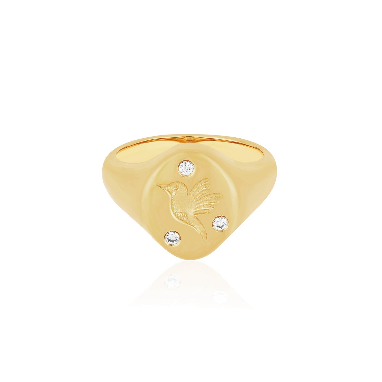 Diamond Hummingbird Signet Ring in 14k yellow gold