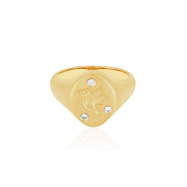 Diamond Hummingbird Signet Ring in 14k yellow gold