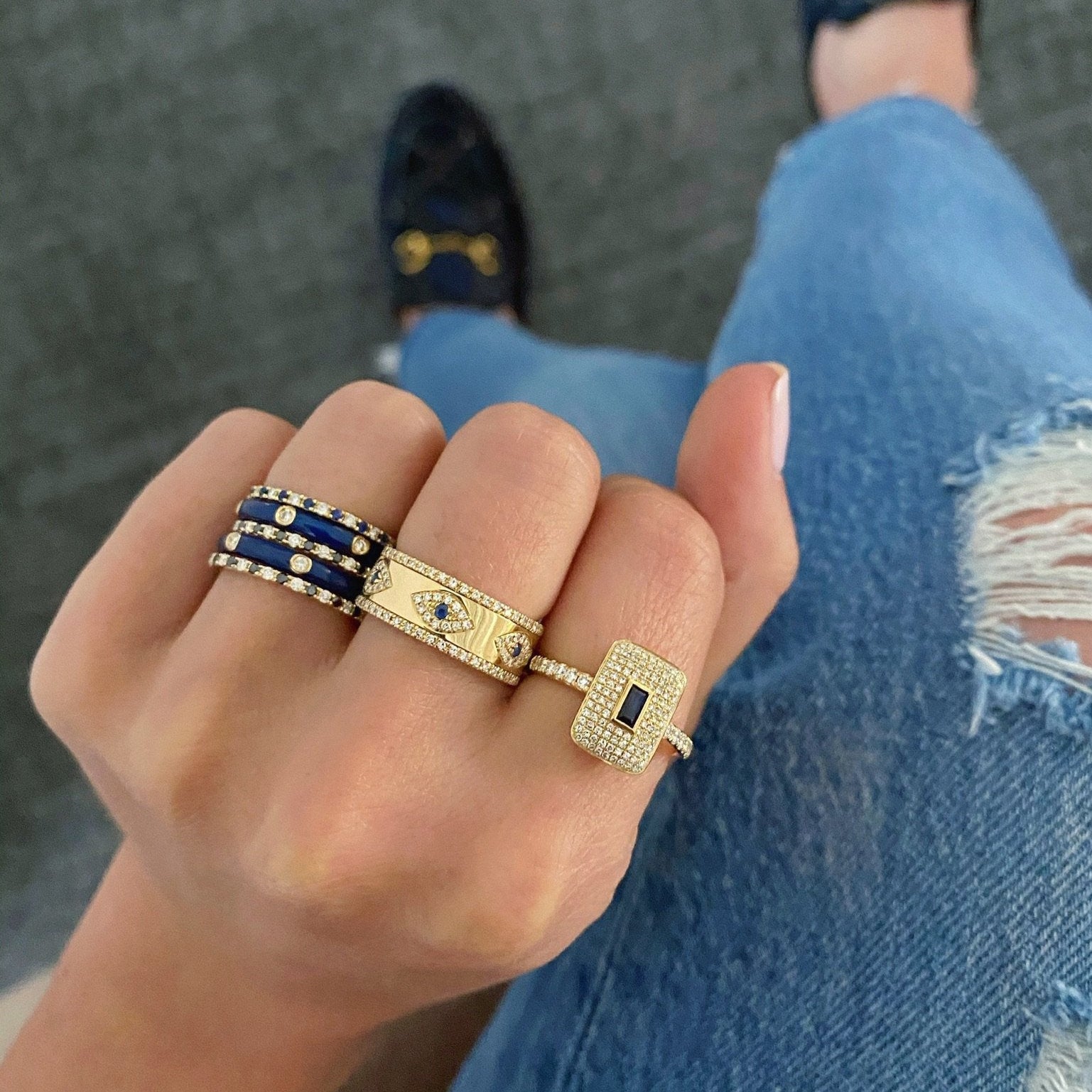 3 Diamond Navy Enamel Stack Ring