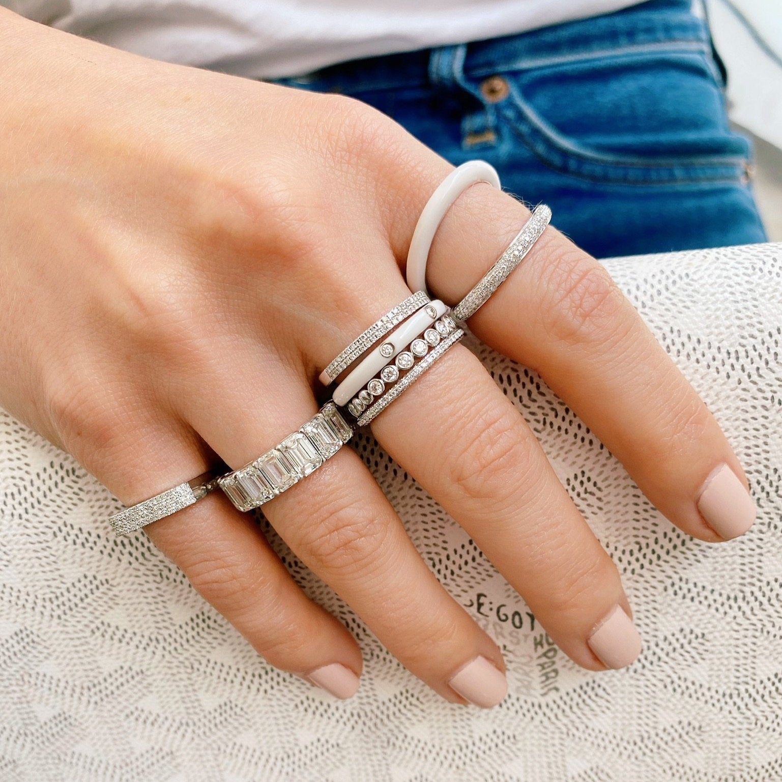 3 Diamond White Enamel Stack Ring