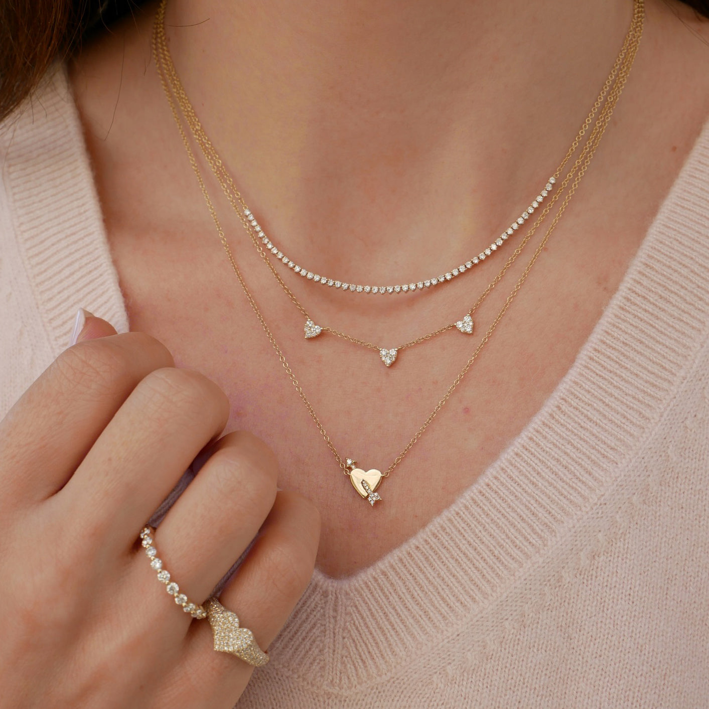 Triple Full Cut Diamond Heart Necklace
