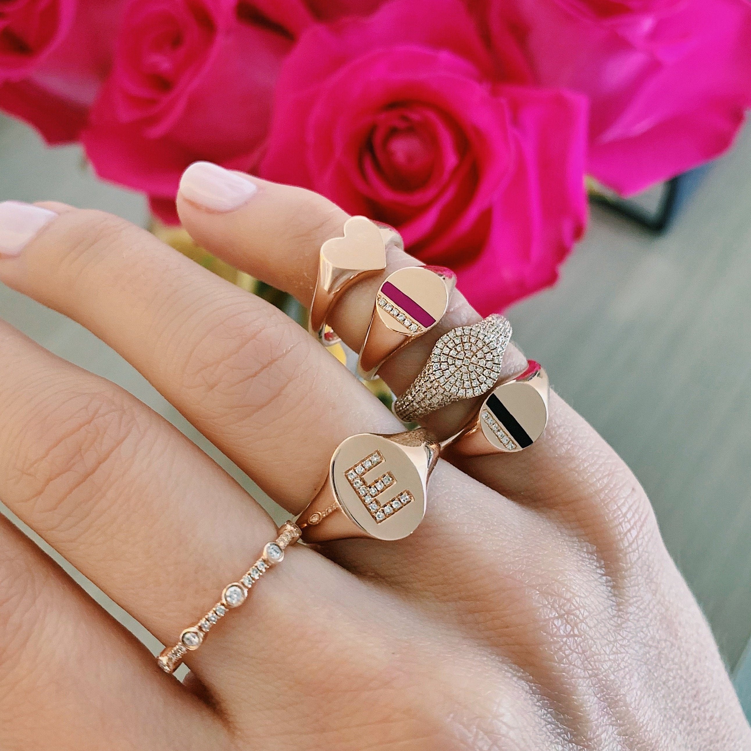 Gold Oval Signet With Diamond Initial Ring