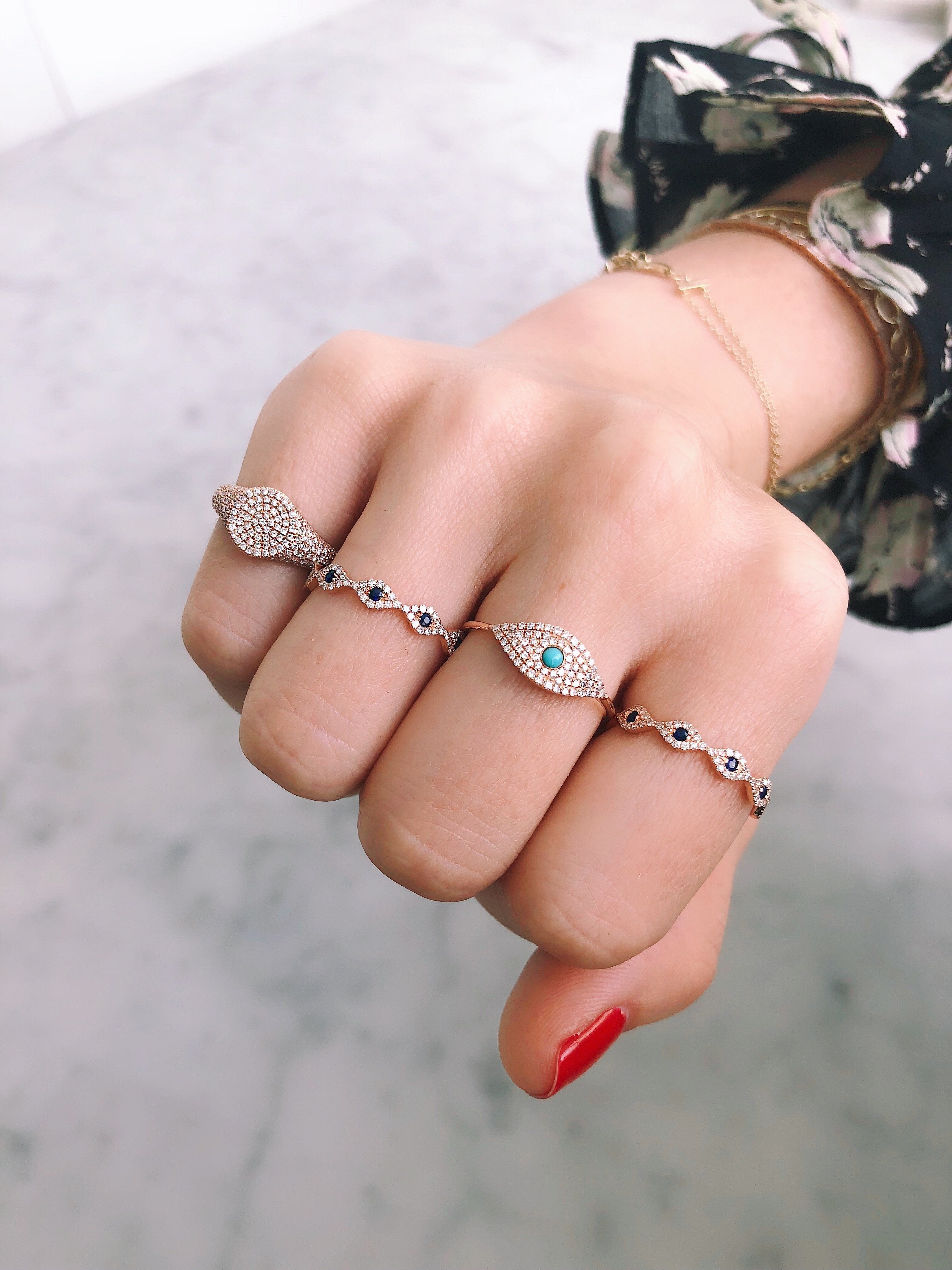 Diamond Blue Sapphire Multi Evil Eye Stack Ring